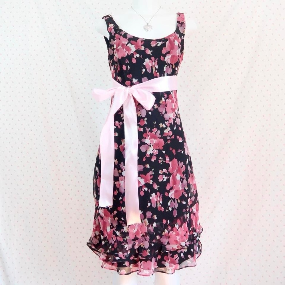 vintage scarlett black pink floral chiffon midi dress coquette y2k
